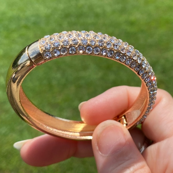 Crystal adorned gold tone hinge bangle bracelet - Picture 8 of 16